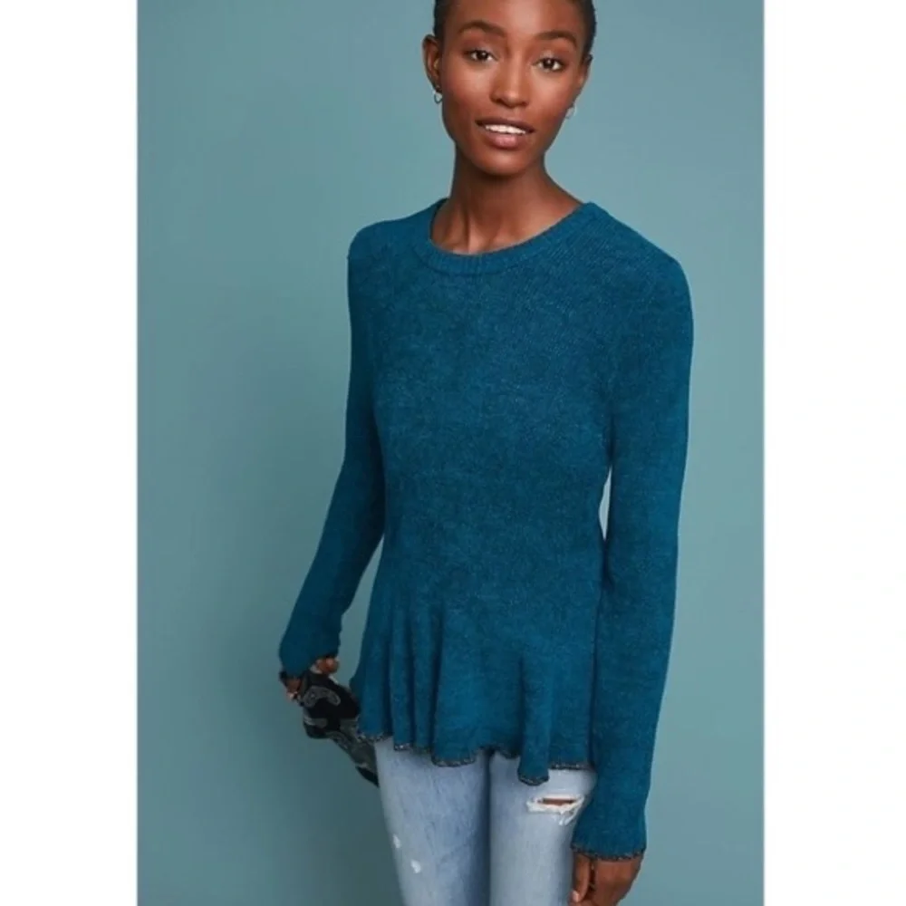 Ett:wa Anthropologie Teal Chenille Peplum Sweater - Picture 1 of 6